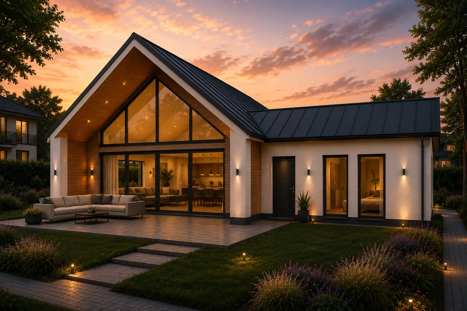 Vizualizace exteriéru domu Lipno Chalet při západu slunce